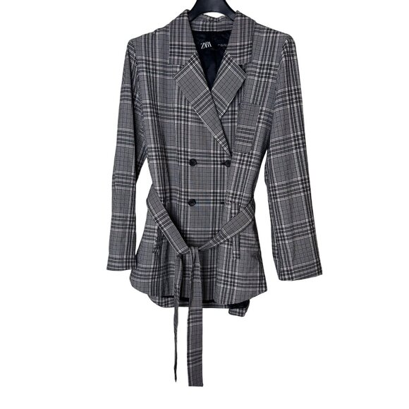 Zara L Plaid Belted Blazer Jacket Double Breasted Longline Check Workwear Chic - Picture 1 of 5